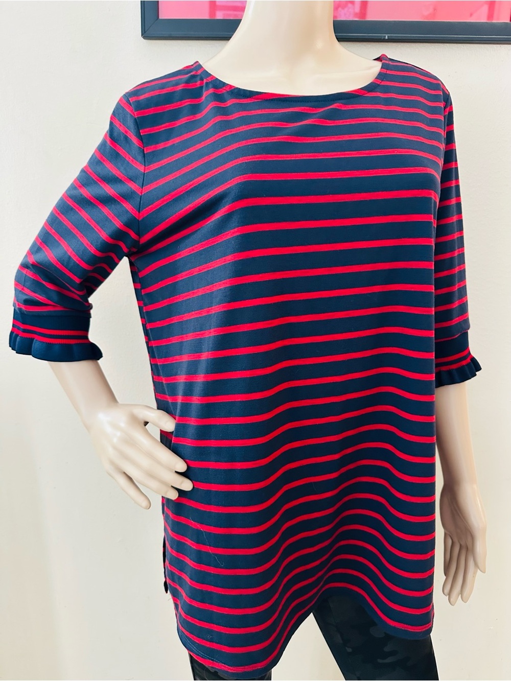 Striped Navy and Red Ruffle-Sleeve Tunic Top